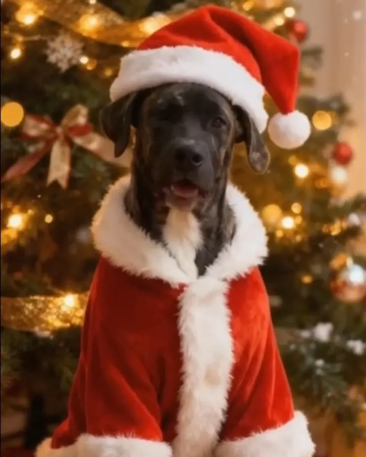 Perro con traje de Papá Noel junto al árbol de Navidad